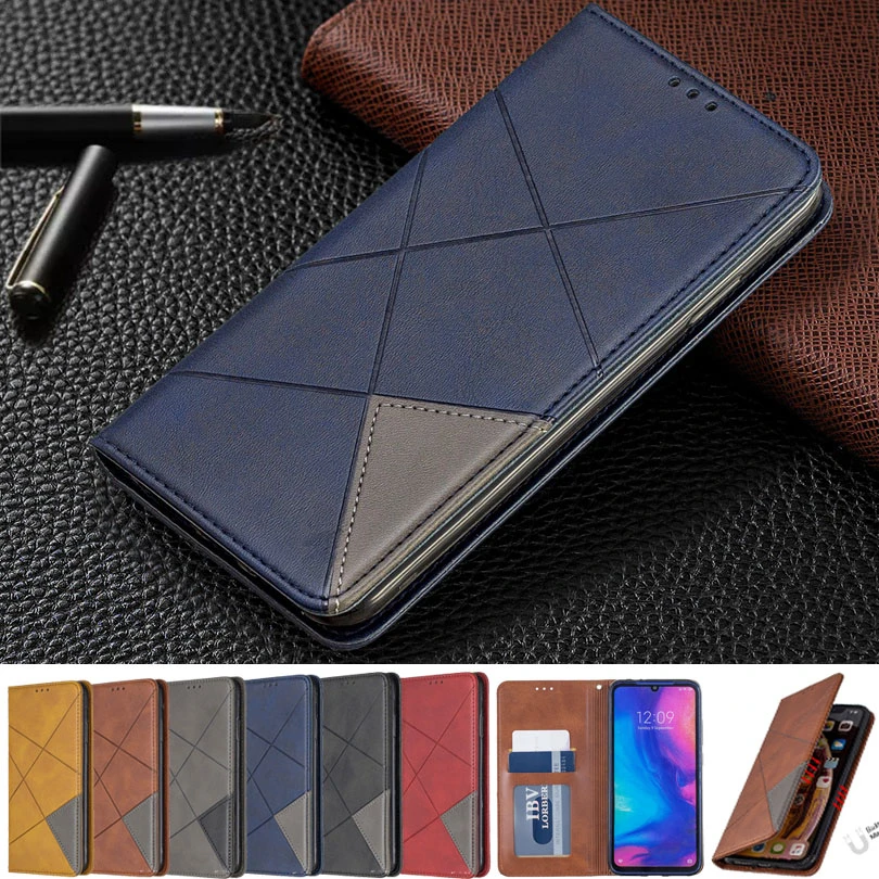 

Luxury Business Flip PU Leather Wallet Case For Xiaomi Redmi 7 7A Note7 Note 7 Pro Phone Cover Geometric Stripe Capa For Redmi7