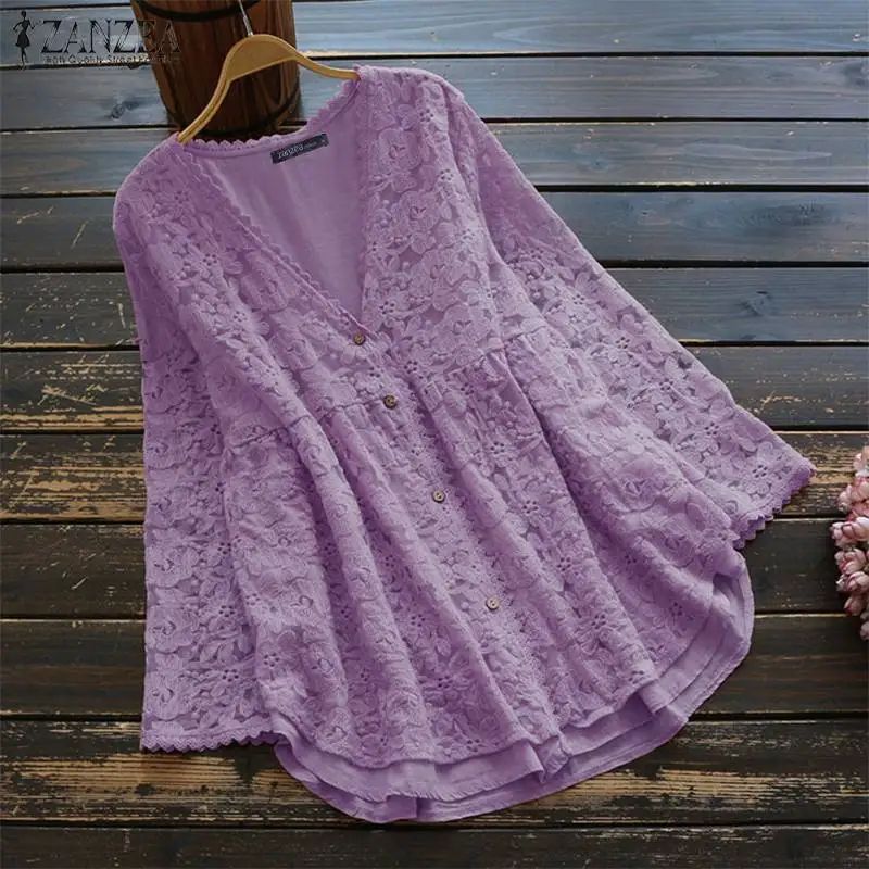 Cena ZANZEA 2019 Sexy kobiety koronki kardigan kimono na co dzień z długim rękawem bluzka z długim rękawem przyciski dół koszule wiosna lato panie tunika Blusas 5XL