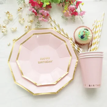 

Pink Blue Happy 1st Birthday Tableware Set Plate Cup Straw Boy Girl Kid Birthday Supply Paper Tableware 16 plates 8 cup 20 straw
