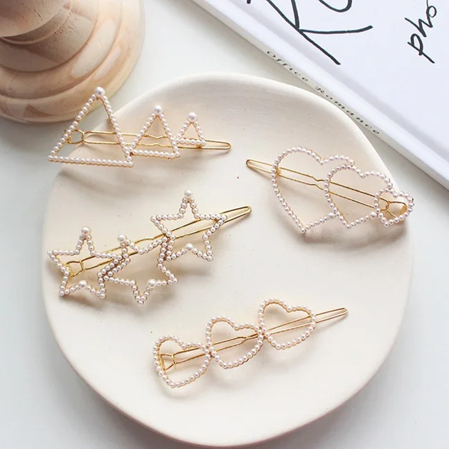 

Korea Pearls Hair Clip Geometric Flower Bowknot Star Hairpin For Women Girls Sweet Metal Barrettes Hair Accessories Hot