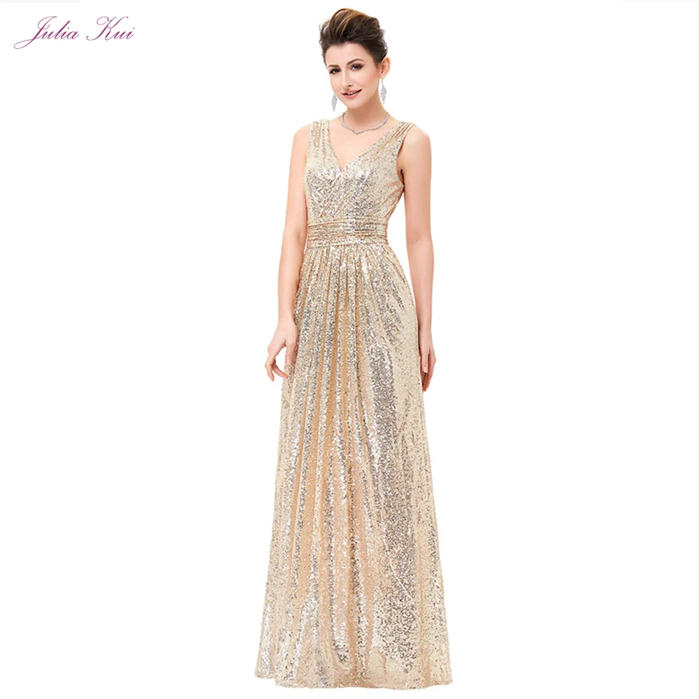 

Julia Kui V-Neckline Of Straight Evening Dress With Sequined Fabrics Formal Dresses Floor Length Vestido De Festa