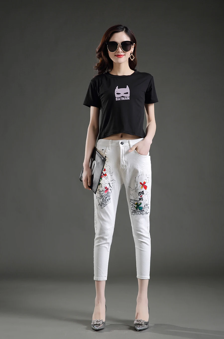 Dongdongta Women Cross-pants 2017 New Original Design Mid Waist Painted Washed Pattern Fashion Summer Girls Female Cotton Jeans 8