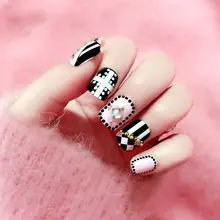 Сладкие розовые накладные ногти черные точки накладные ногти из акрила 3D DIY Дизайн Ногтей Полное покрытие маникюрные инструменты 24 шт Z038