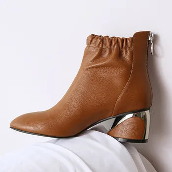 

GPOKHDS 2019 women ankle boots soft Cow leather winter short plush Rome style Camel color square toe high heels boots size 34-40