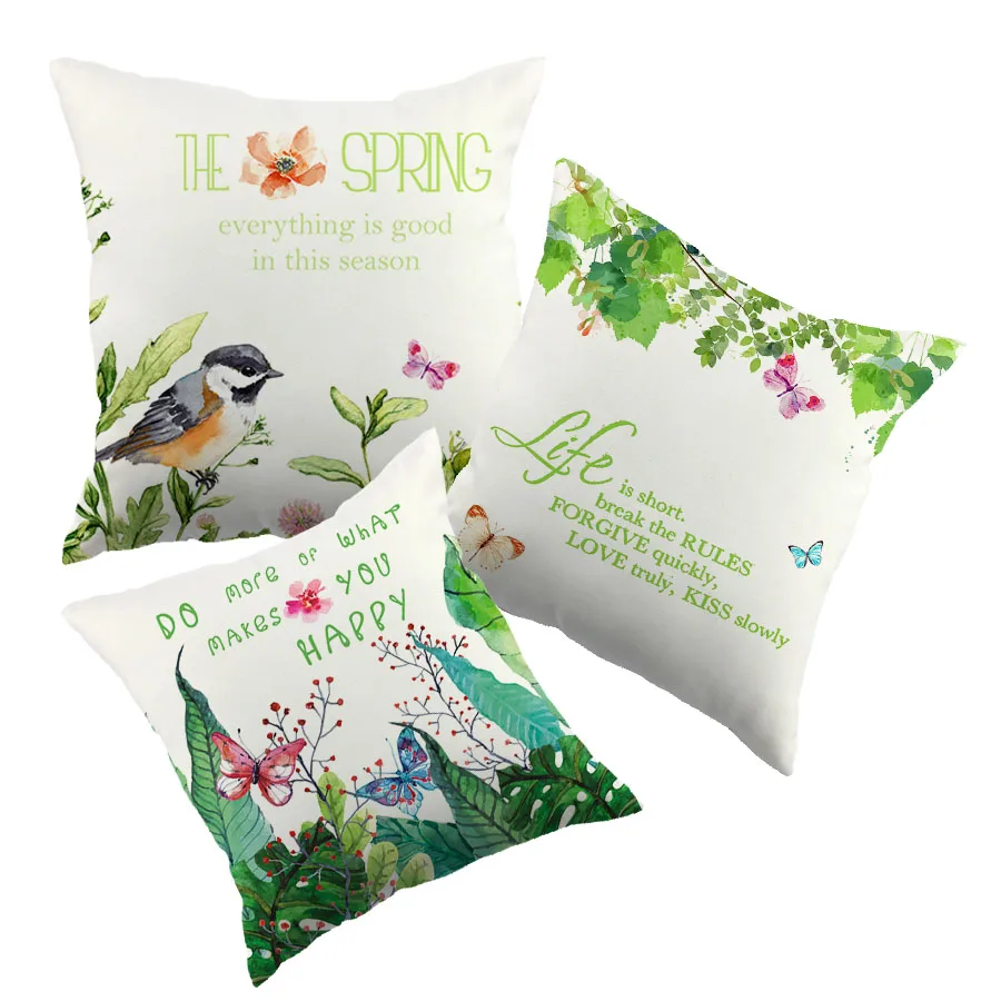

Spring Season Green Style Design Printed Cushion Cover WaterColor Bird Butterfly Pattern Pillow Case For Sofa Couch