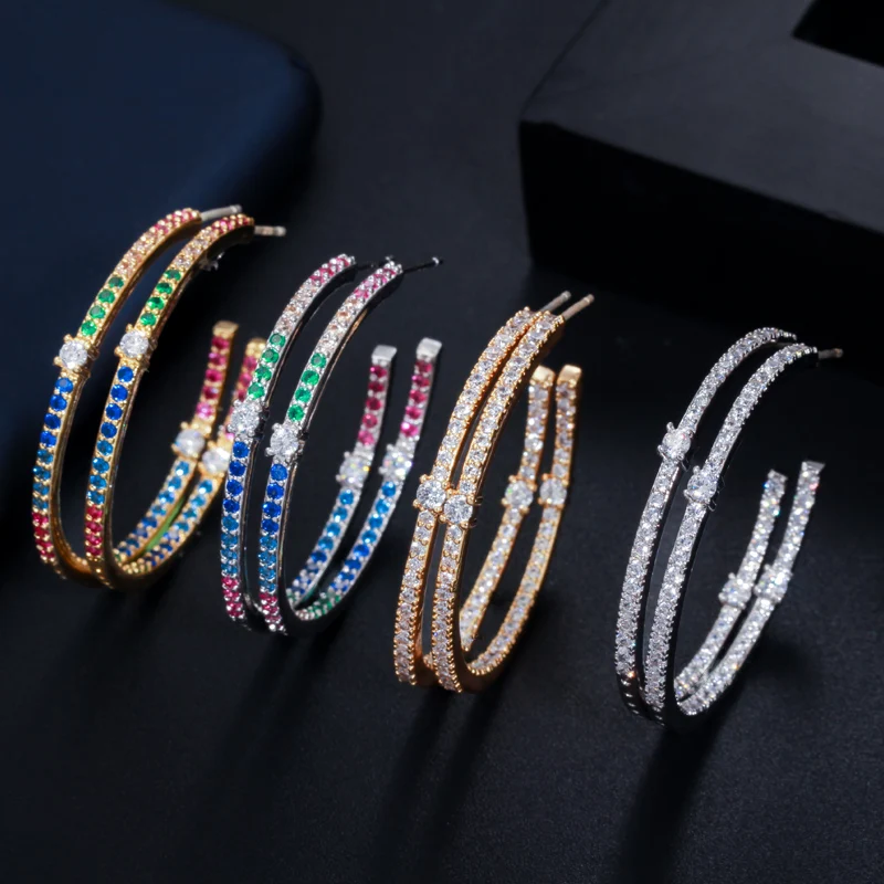 CWWZircons Fashion Ladies Loop Earring Round Circle Micro Pave Cubic Zirconia Crystal Large Silver Hoop Earrings Jewelry CZ428 - Image 3