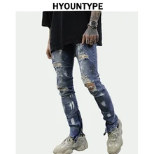 Рваные джинсы на молнии, обтягивающие джинсы, рваные облегающие мужские байкерские джинсы, модная уличная одежда с принтом граффити, штаны для бега в стиле хип-хоп