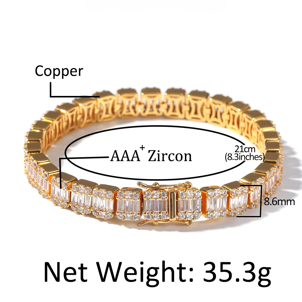 Uwin Baguette CZ Bracelet Iced Out Zircon 8.5m HipHop Fashion Punk Chain Bling Bling Elegant Charms Jewelry 7inch 8inch