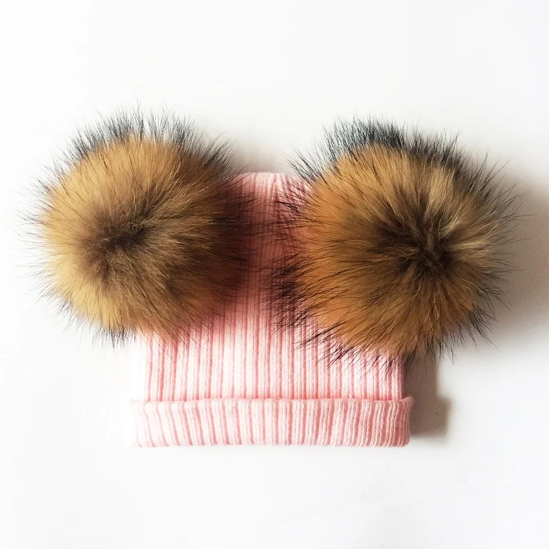 Детская шапка из натурального меха енота, детская шапка с двумя помпонами, детская шапка s, зимние детские шапки с помпоном - Цвет: Розовый