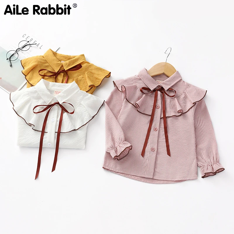 

2019 Autumn New Girls Long-sleeved Shirt Lotus Leaf Chiffon Pink Shirt College Wind Ribbon Bow Children's Fashion