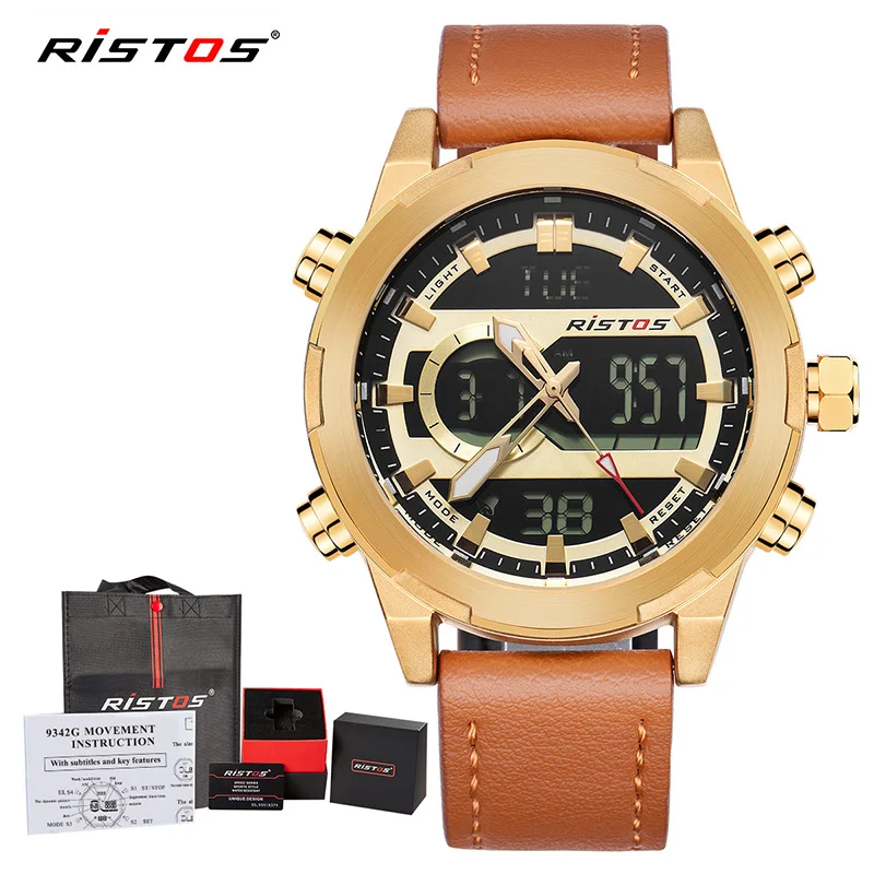 RISTOS кожаные часы Топ бренд Relojes Masculino Hombre многофункциональный хронограф мужские спортивные аналоговые цифровые модные часы 9342 - Цвет: Coffee Gold