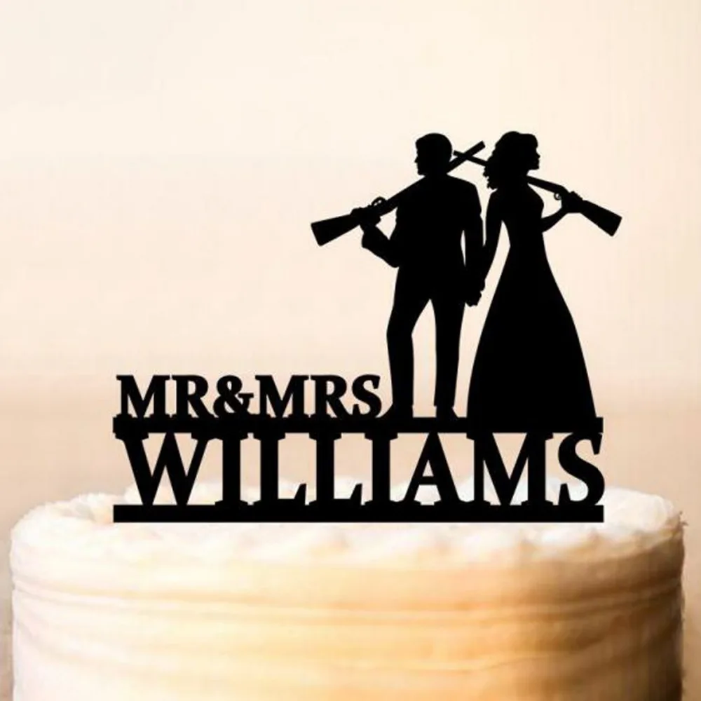 Personalized Wedding Armed Mr and Mrs silhouette cake topper, Bride and Groom with Hunter Rifle Gun,Wedding Party Decor Supplies