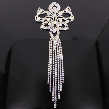 

Stunning fancy clear crystal rhinestone applique trims with tassel dress shoulder costume sewing accessory garment embellishment