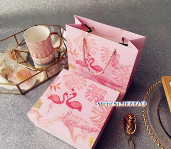 

Paper box and bag, Pink Flamingo flower design chocolate Paper Box cookie candy Macarons Snacks Packing Storage Boxes 100 set
