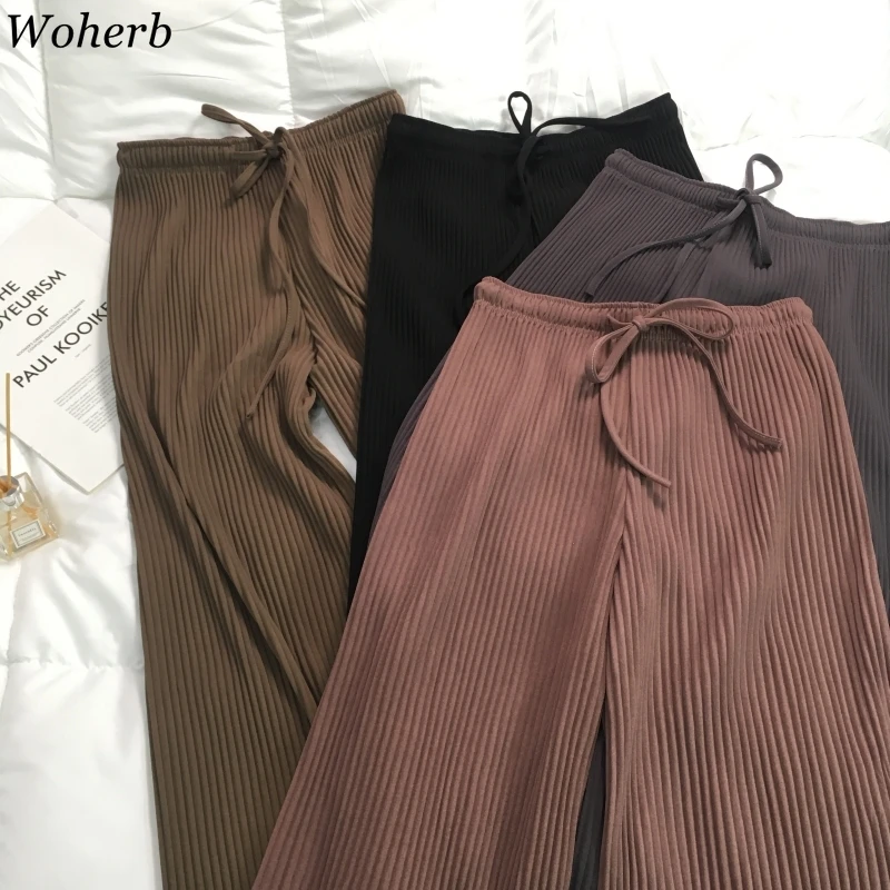 

Woherb 2019 Korean Summer Chiffon Pleated Wide Leg Pants Women Vintage Elastic High Waist Straight Pant Pantalon Femme 22474