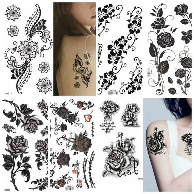 Król Koń Czarna Róża Kwiaty 17x10 Cm Ramię Rękaw Tatuaż Henna Flash