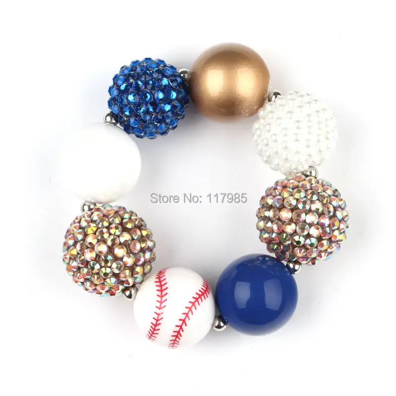 

Christmas Gift 2016 Newest Baseball Chunky Bracelet Blue Gold White Beads Kids Girls Bubblegum Bracelet 3Pcs/lot