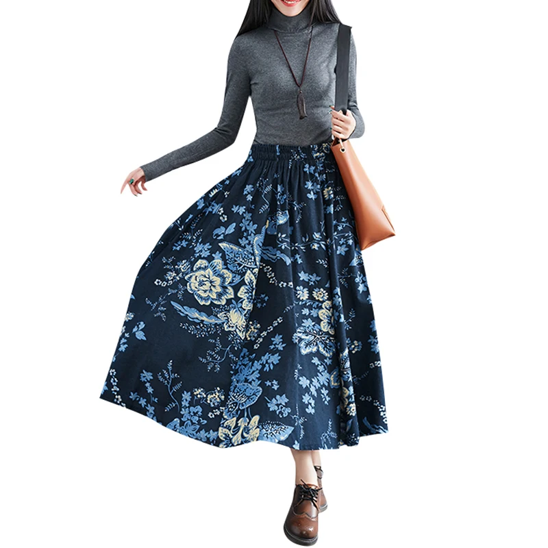 

Summer Floral Print Midi Skirt for Women Elastic Waist Pockets Vintage Ladies A-Line Pleated Skirts Plus Size 5XL Casual Skirts
