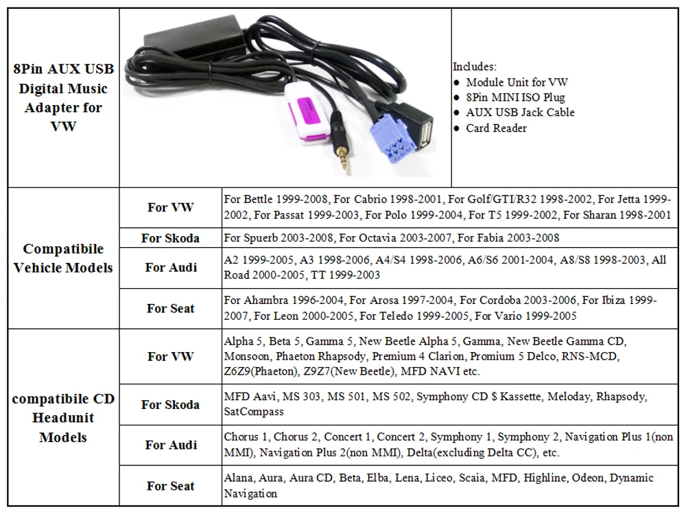 Biurlink для Blaupunkt 8 Pin Mini ISO CD Changer разъем для AUX USB цифровой музыкальный адаптер и ключи для удаления CD для Volkswagen Audi