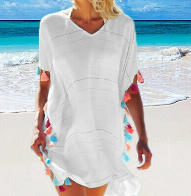 Summer V Neck Women Bath Suit Bikini Striped Swimwear Cover Up Beach Dress Sarong Wrap Pareo Sundress