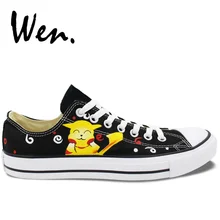 Вэнь Аниме обувь Ручная роспись обувь по индивидуальному дизайну Покемон Пикачу низкие парусиновые туфли для мужчин женские рождественские подарки на день рождения