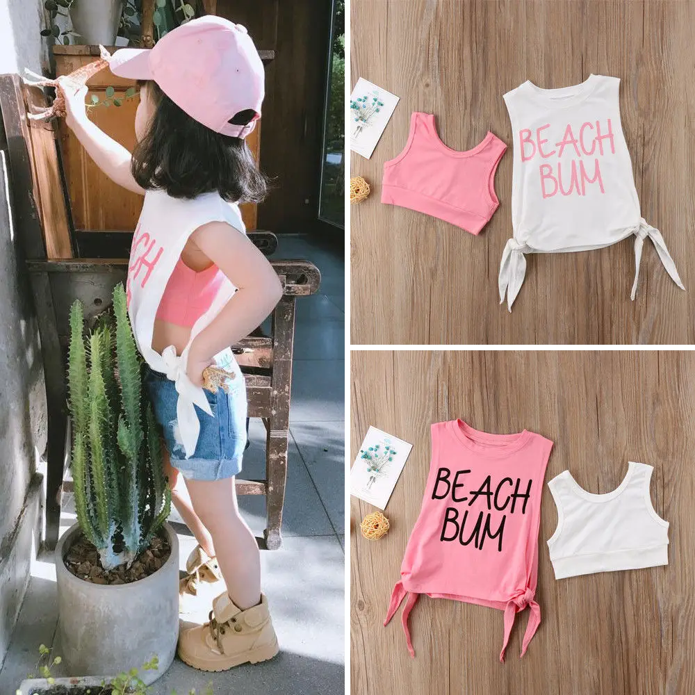 

Kids Baby Girl Knotted Overdress Sleeveless Cotton Tops+Vest 2Pcs Summer Casual Home Clothes 1-6T
