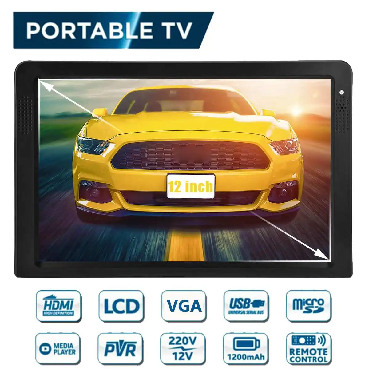 12 Inches Portable Mini Digital Color Analog Led TV DVB-T DVB-T2 Rechargeable Television Player TFT-LED Screen ATSC/HDMI Input