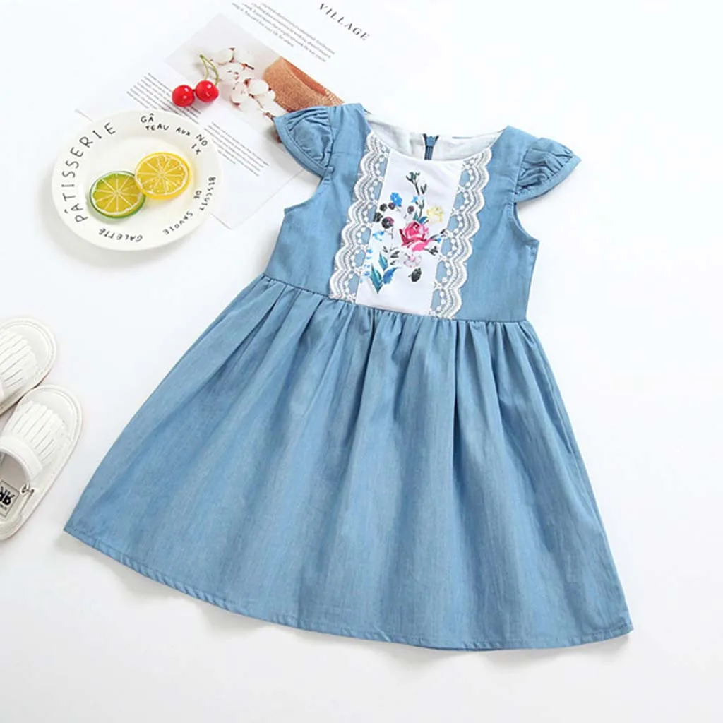 

Children Baby Girs Dress Summer Sleeveless Floral Lace Denim Princess Girl Dresses For Kids Baby Girls Clothes 1 2 3 4 5 Years