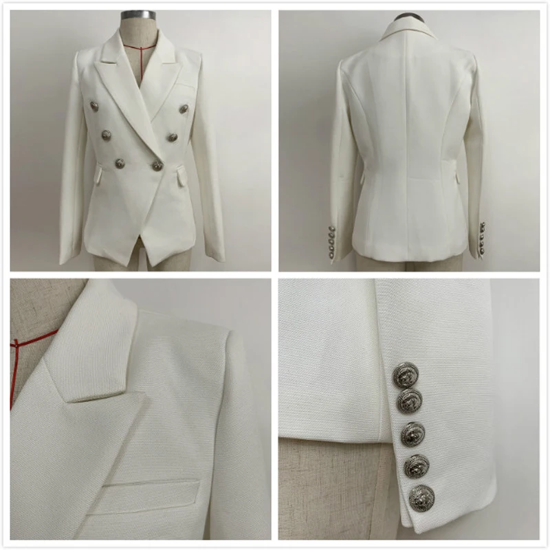 High Quality 2019 Designer Solid Blazer Women's Lion Button Double Breasted Black White Office Lady Blazers Jacket Outwear Coat