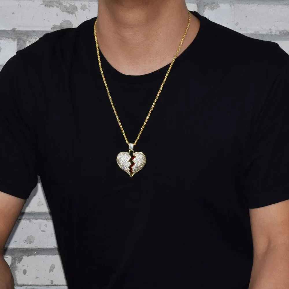 Iced Out цельное ожерелье с разбитым сердцем и подвеской с теннисной цепью золотого цвета, шикарное кубическое циркониевое мужское хип-хоп ювелирное изделие для подарка
