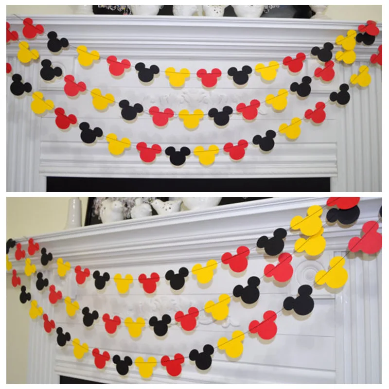 

1Set 1.5m Mickey Minnie Kids Happy Birthday Banner Paper Garlands Bunting Mickey Head Black Red Yellow Flag Wedding Party Favors