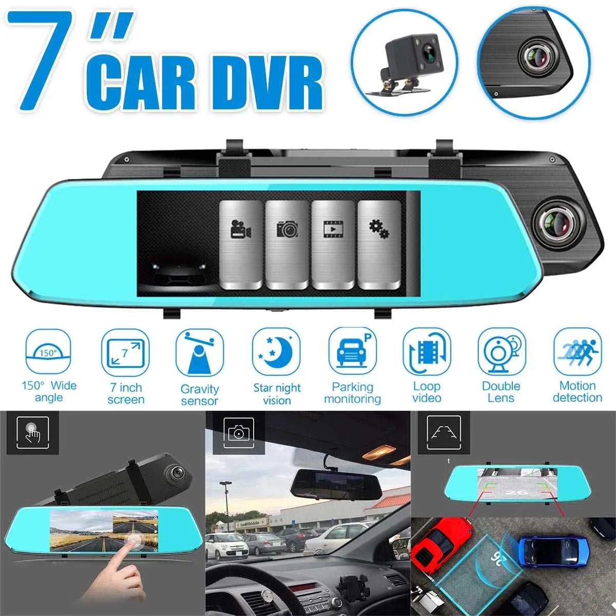 7 дюймов Full HD 1080P Автомобильный видеорегистратор Камера заднего вида зеркало монитор двойной объектив видео регистратор Авто регистратор видеокамера видеорегистратор - Название цвета: Blue