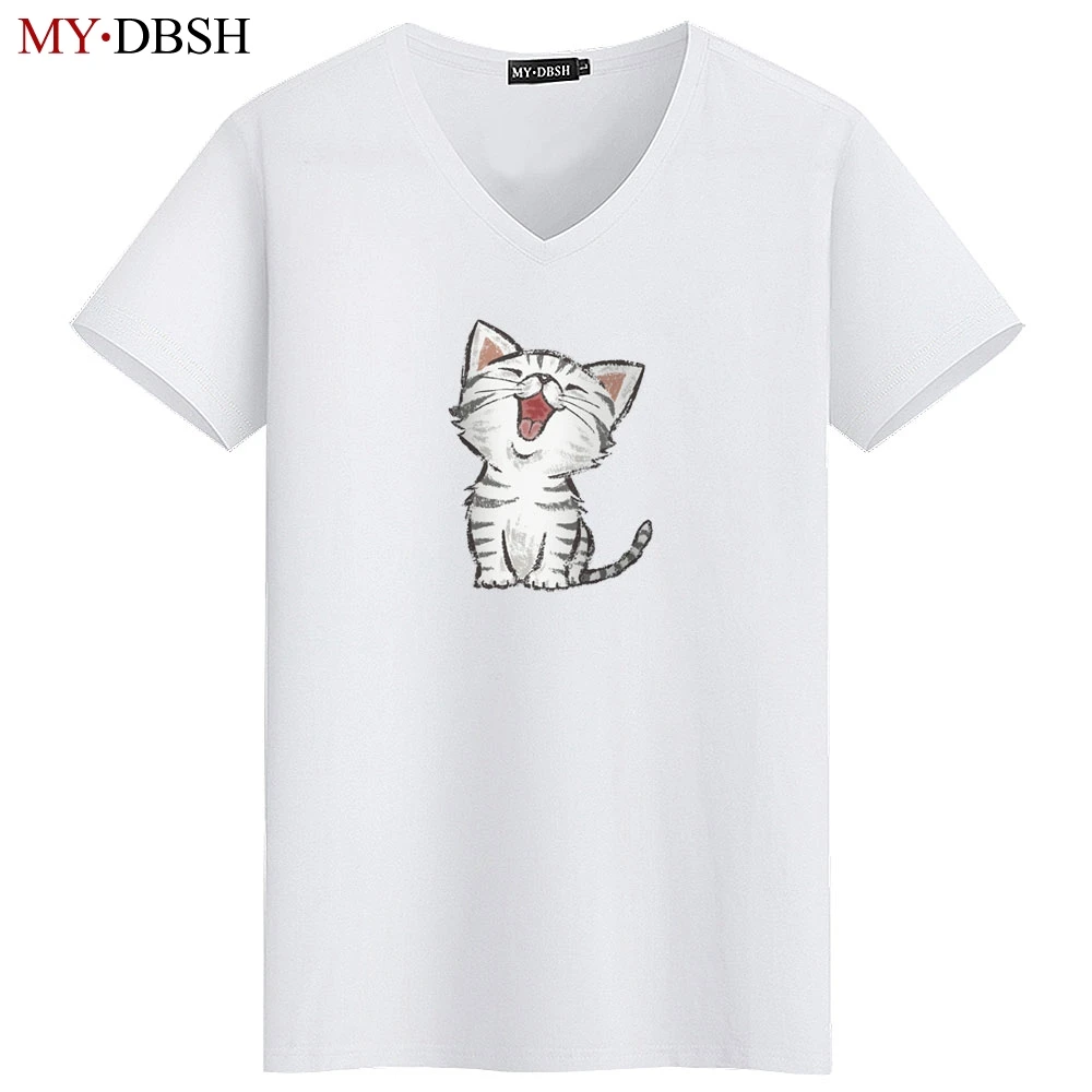 

New Arrival Men Summer Casual T-Shirts Short Sleeve T Shirt Blouse Fashion Cute Cat Printed V-Neck tshirt Hipster Funny Tops Tee