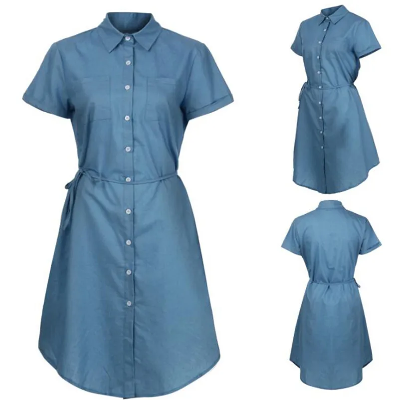 

Womens Denim Dress Short Sleeve Solid Button Casual Denim Dress Embrodery Round Neck Tie Knot Front Pencil Dress M #23