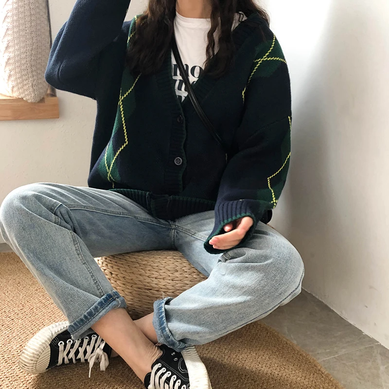 

3 colors 2019 spring and autumn korean style color patchwork v neck sweater womens knitted cardigans womens (X198)