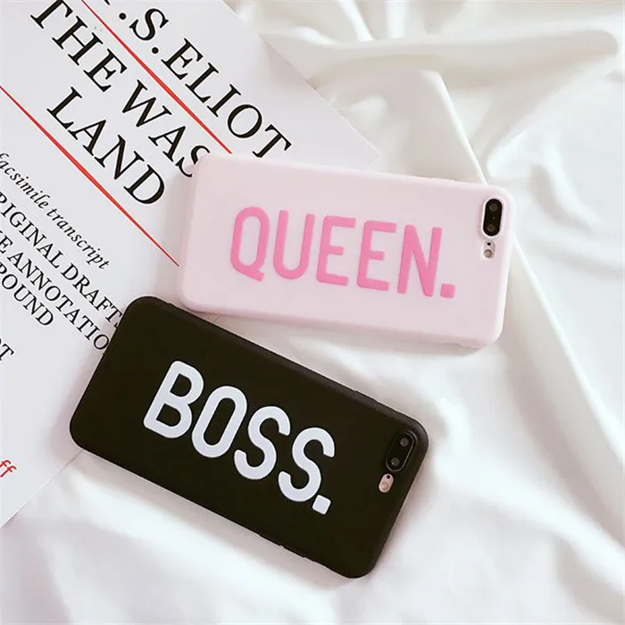 

Letters QUEEN & BOSS Couples Phone Case For iphone 5S SE 6 6S 7 8 Plus Case For iphone X Slim Soft Candy Color Back Cover