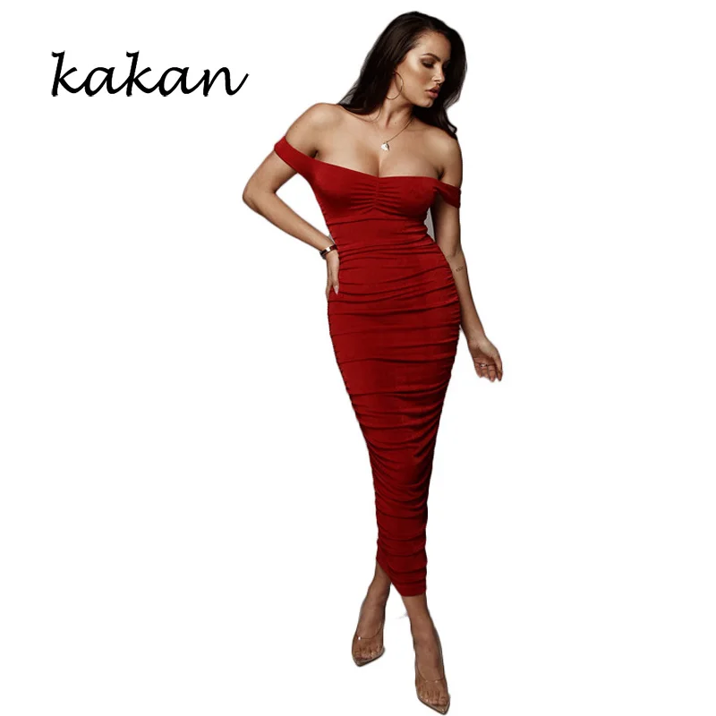 

Kakan summer pleated dress sexy word collar off-shoulder dress pink yellow red black women's dress