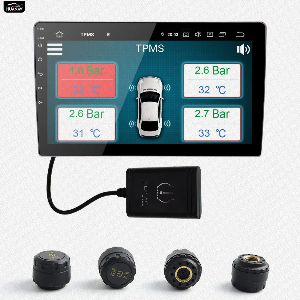 HUANAV USB Android TPMS система контроля давления в шинах Дисплей Сигнализация 5 в внутренние датчики навигация автомобильное радио 4 датчика