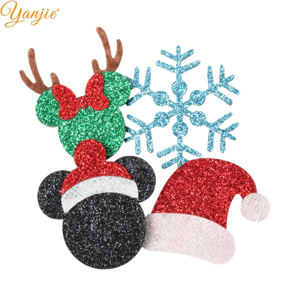 

12pcs/lot 2020 New Christmas Felt Pads Glitter Leather Minnie Hat Tree Snowflake Snowman Girl DIY Hair Accessories Headband