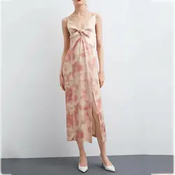 Сексуальное платье "варенка" 2019 Лето Спагетти ремень крест лук искусственного шелковое длинное платье Для женщин V шеи спинки Разделение Boho