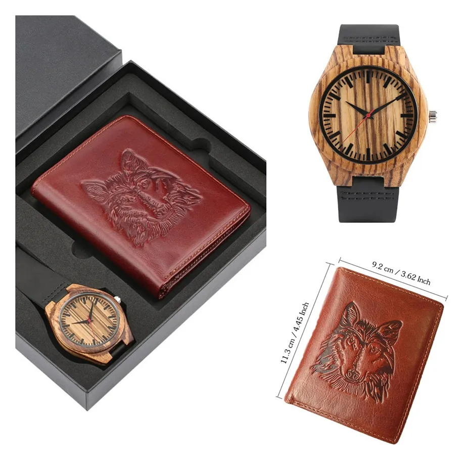 

Luxury Men Watch Brown Stripes Wooden Dial Black Genuine Leather Quartz Wristwatch Fashion Wallet Timepiece Set for Men reloj