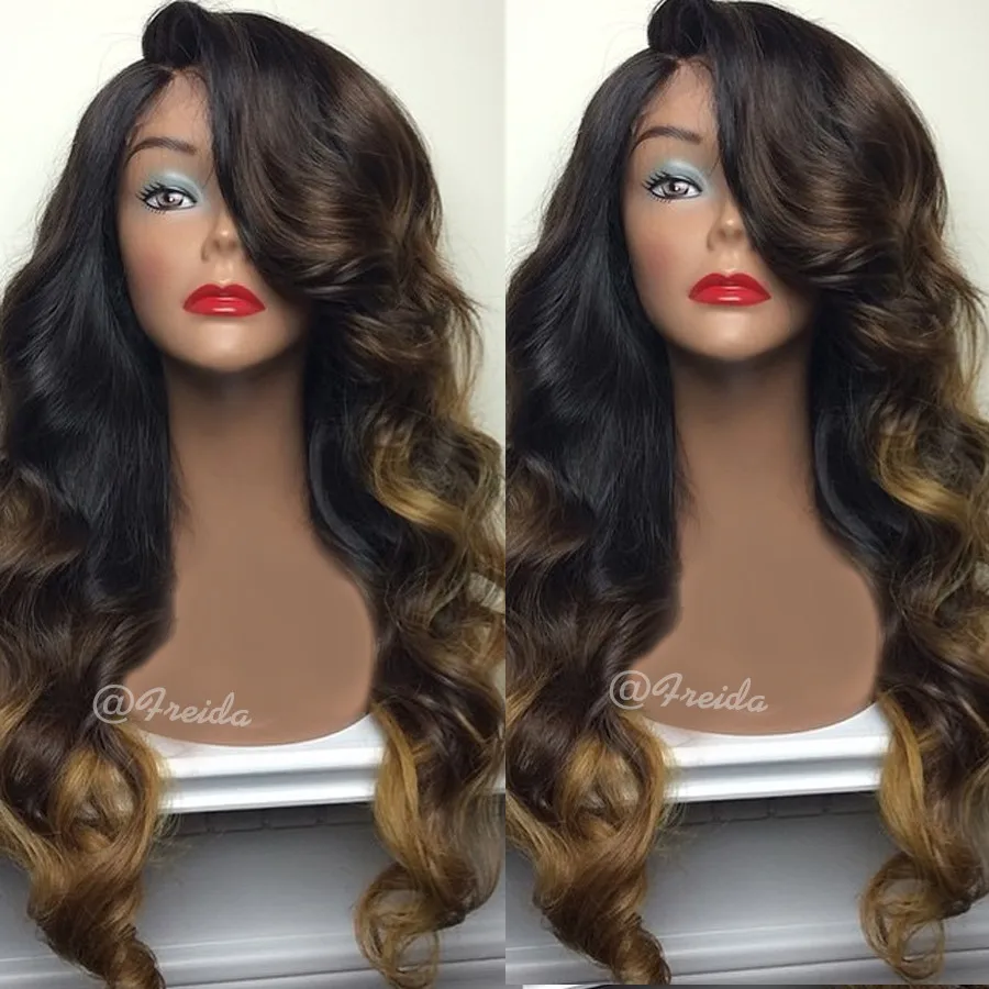 Top beauty three color body wave synthetic lace front wig glueless brown color synthetic lace front wig for black women wigs