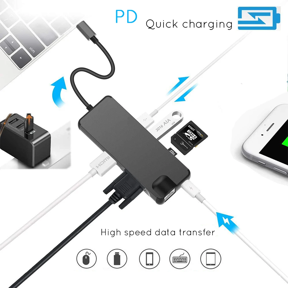8 In 1 Type C to 2USB SD Micro SD LAN VGA HDMI USBC Adapter Hub Extend PD Charge Dock 1000 Mbps Rj4