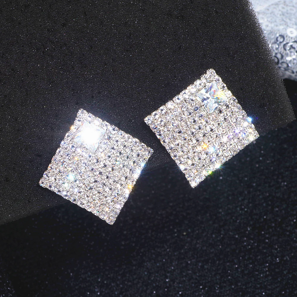 

Trendy Classic Silver Color Big Square Stud Earrings For Women OL Style Zircon Crystal Earrings Fashion Wedding Jewelry WX243