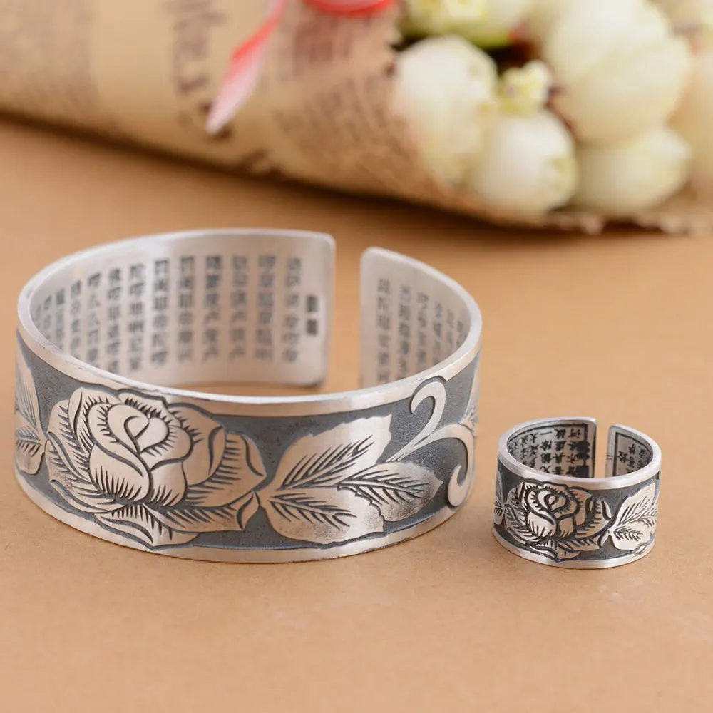 

FNJ 925 Silver Flower Set 56MM Bangle Original S999 Sterling Thai Silver Rings for Women Women Jewelry Adjustable Size