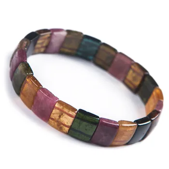 

Genuine Colorful Gems Stone Healing Crystal Rectangle Bead Bracelets Women Female Stretch Natural Tourmaline Bracelet Bangle