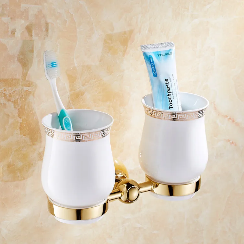 

Cup & Tumbler Holders Wall Mounted Gold and jade Copper Toothbrush Holder Bath Hardare sets Bath Product Double Cup Holder