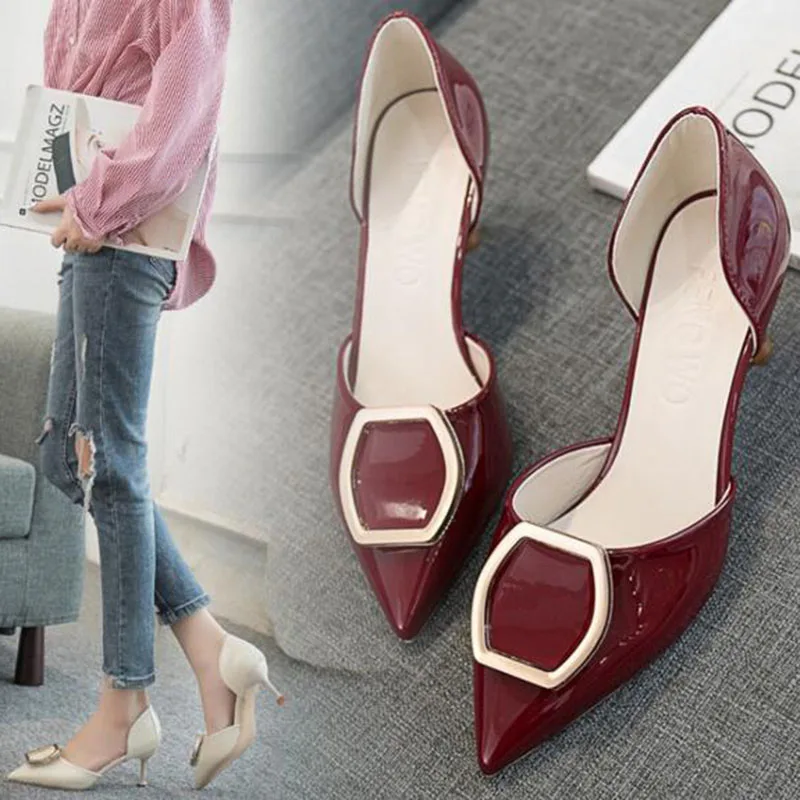 

Europe Women Ladies Fashion Party Wear High Heels Patent Leather Pumps,Non-slip Breathable Pointed Toe Square Metal Design Heels