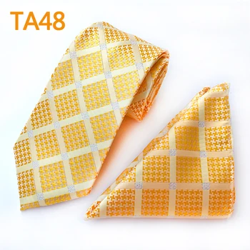 

8cm Men Formal Necktie Set Luxury Yellow Gold Plaids Gravata with Handmade Woven Pocket Square