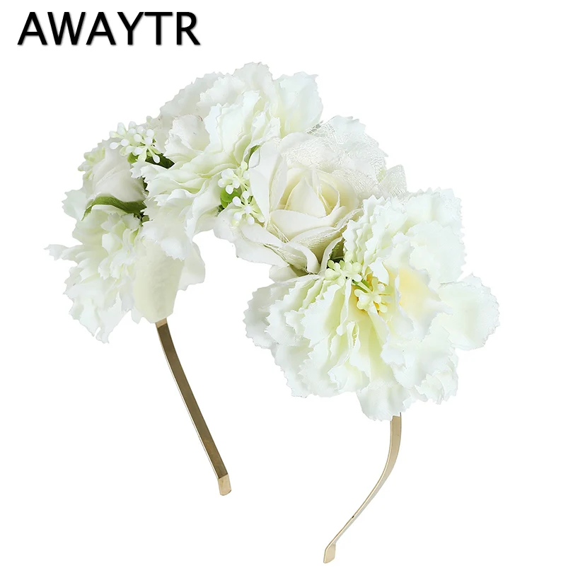 

Head Band AWAYTR White Beige Flower Wreath Wedding Headwear for Female Spring Beach Hairbands Bezel Photograph Garlands